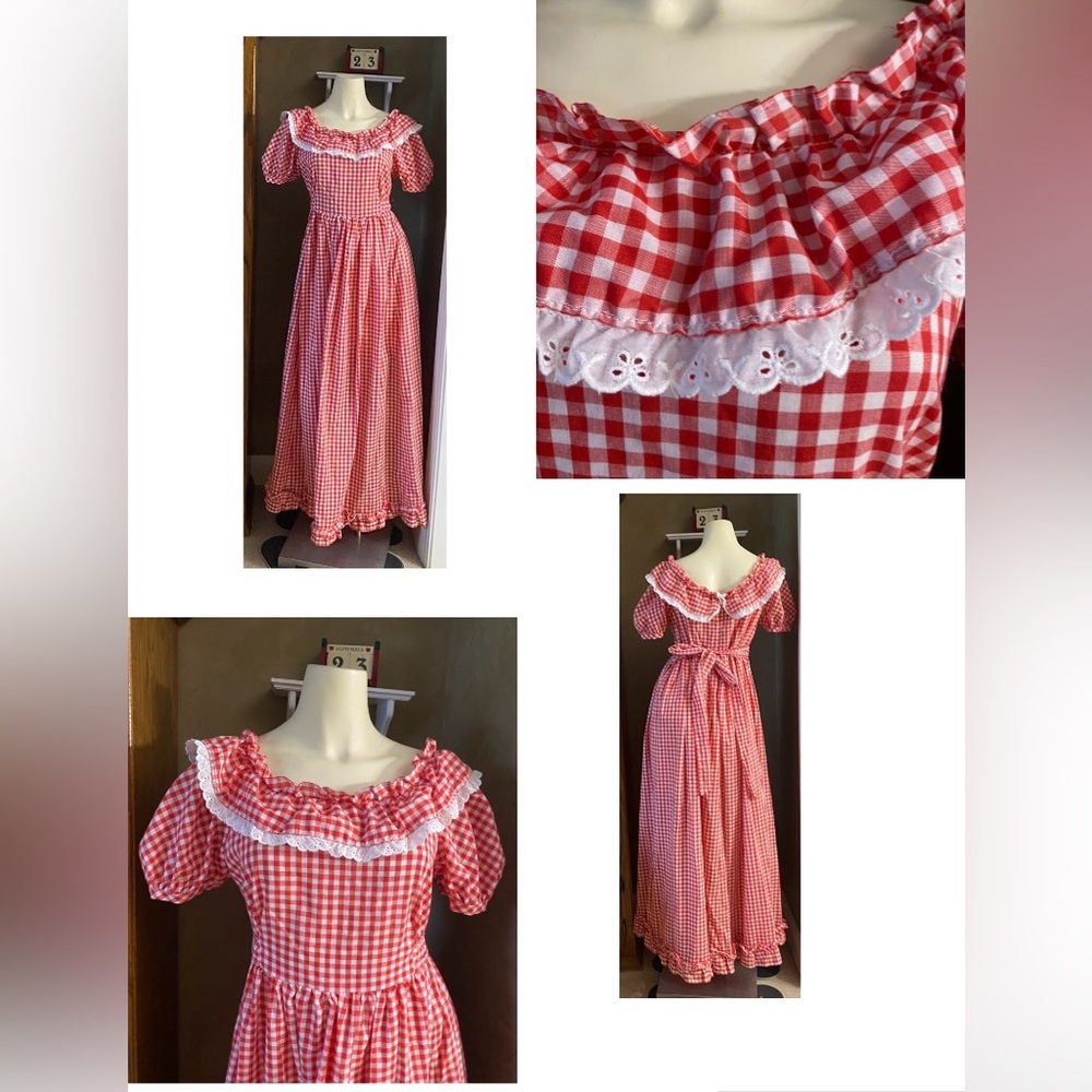 Vintage Gingham picnic red dress state fair women americana eyelet handmade 70s